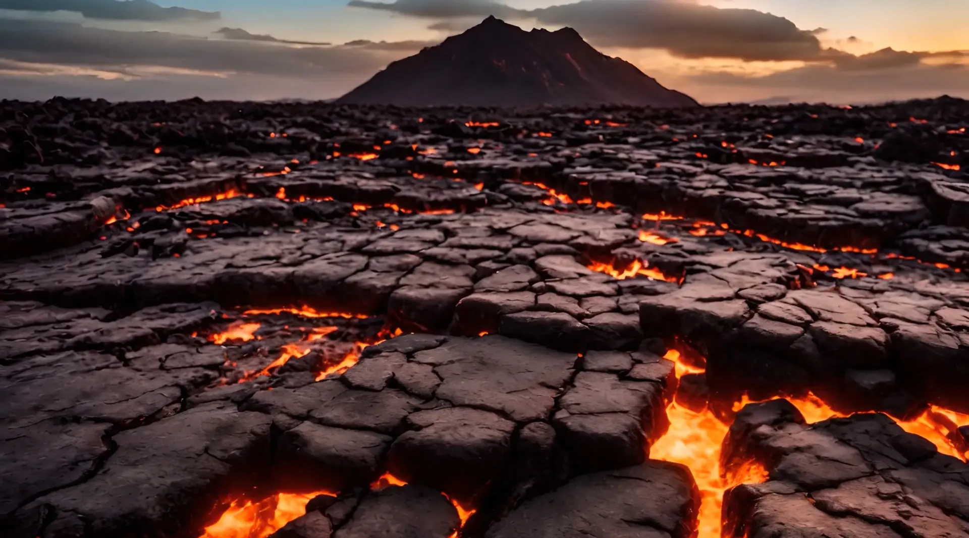 Molten Lava Field Under Twilight Sky Cinematic Stock Video